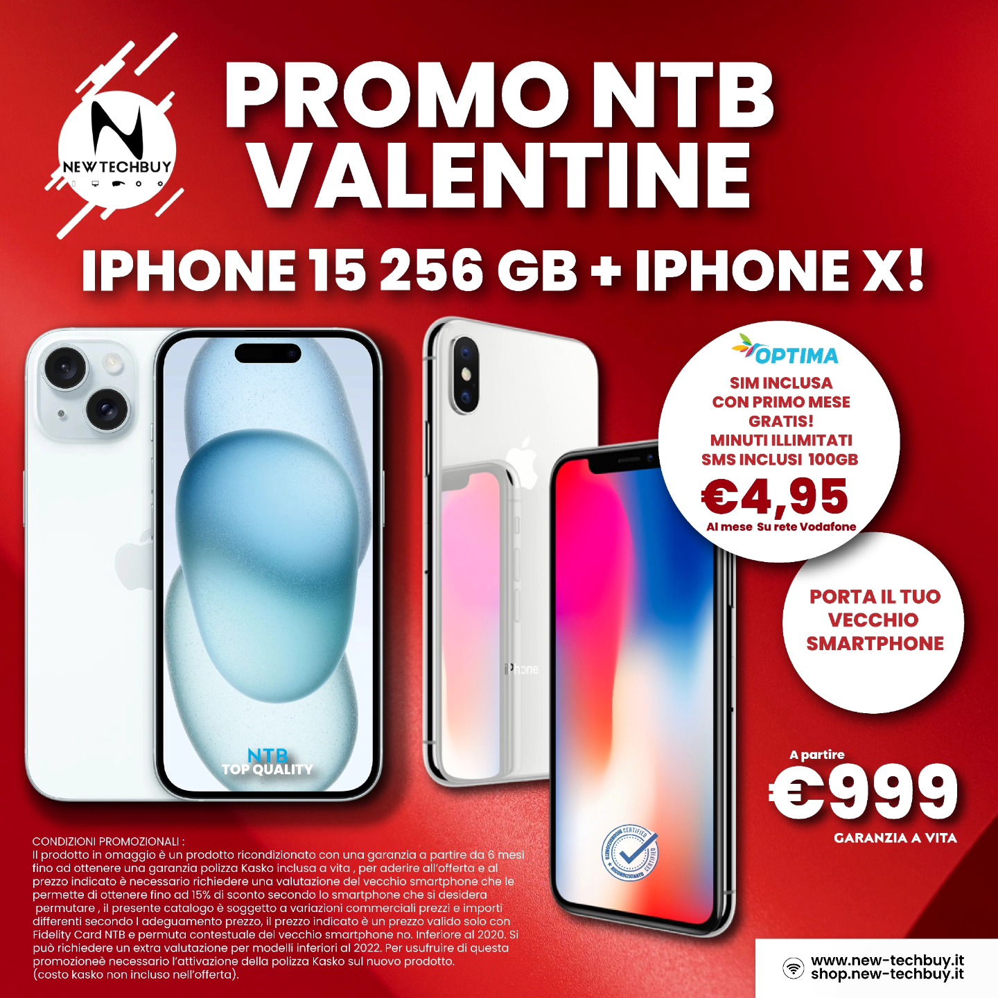 Promo NTB Valentine ?
• Per la festa di San Valentino scegli iPhone 15 256Gb in qualsiasi colorazione per te subito un iPhone X Ricondizionato Con Garanzia A Vita !
Vieni a scoprire nel nostro store o acquistalo sul nostro Sito Web.
?Viale della repubblica 136/A Cosenza (cs)
?+393473749419
?shop.new-techbuy.it