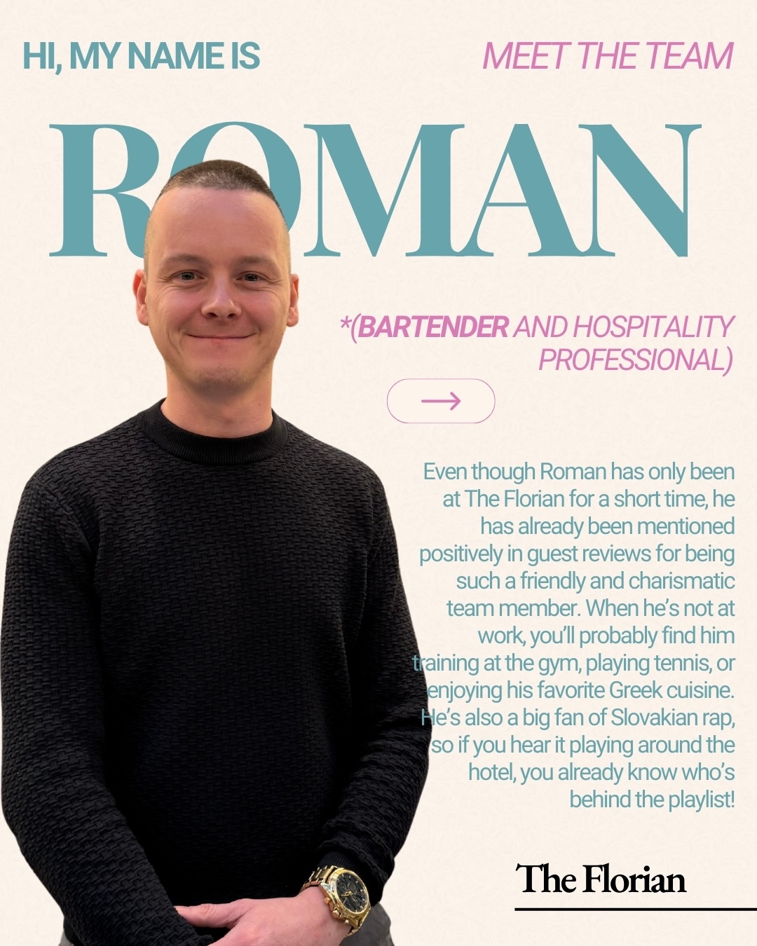 Say hello to Roman, our new bartender?
We’re so happy to have him on the team! With his positive energy, great vibe, and passion for mixing the perfect drink, Roman already feels right at home behind the bar. ?
#NewTeamMember #BartenderLife #HotelVibes #TeamFlorian #GoodDrinksGoodPeople