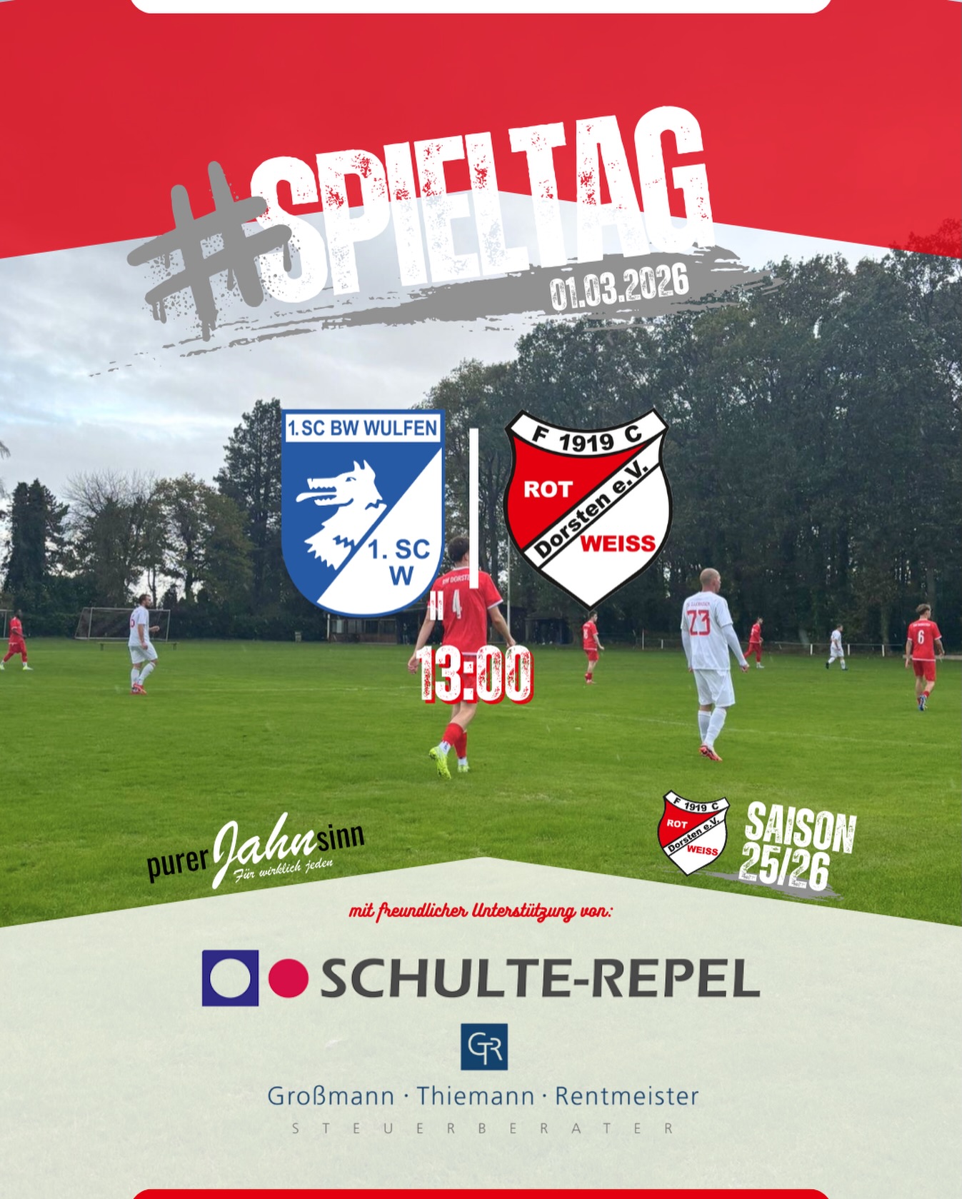 ?⚪ Neue Woche, neue Chance! ⚽?
Für unsere erste Mannschaft steht am Sonntag (01.03.2026) das nächste Auswärtsspiel auf dem Programm!
? 1. SC BW Wulfen II
? Hyundai Borgmann Stadion
? Anstoß: 13:00 Uhr
Die Gastgeber stehen aktuell mit 14 Punkten auf Tabellenplatz 14.
Unsere Jungs wollen die neue Woche nutzen, um wieder anzugreifen und wichtige Punkte mitzunehmen! ?
Alles ist angerichtet für ein spannendes Spiel – wir sind bereit! ?⚪