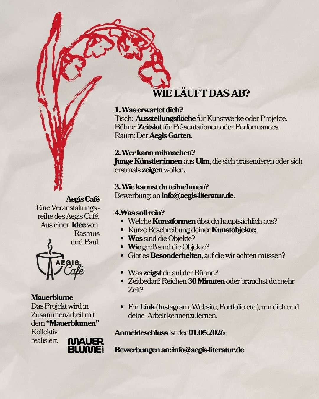 Kunstgriffe Markt 6. Juni 2026 - 11 bis 20 Uhr
DER JUNGE ULMER KÜNSTLER*INNEN MARKT GIBT DIR EINE BÜHNE, PLATZ ZUM VERKAUF UND RAUM FÜR AUSTAUSCH.
ZEIG DEINE WERKE, VERKAUFE KLEINE AUFLAGEN UND TRIFF KUNSTFANS AUS DER STADT.
Alle Infos in den Slides!
Wir freuen uns auf euch! 🫶