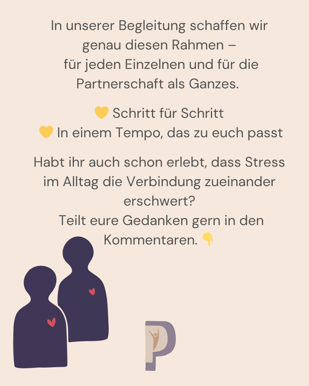 Wenn Konflikte die Partnerschaft belasten…
und wie dein Nervensystem Antworten bringt
Kennst du das?
In eurer Partnerschaft entstehen ständig Konflikte.
Oftmals schon wegen Kleinigkeiten. Immer wieder diesselben Streitpunkte.
Du fühlst dich überfordert, missverstanden oder gar nicht richtig gesehen.
Viele Paare kommen genau mit diesen Gefühlen zu uns.
Oft zeigt sich:
Konflikte entstehen nicht nur durch unterschiedliche Meinungen –
sondern auch, weil unser Nervensystem auf den damit verbundenen Stress reagiert.
Wenn wir innerlich angespannt und emotional stark geladen sind,
kommt es noch viel schneller zu Missverständnissen, Eskalation oder Rückzug.
Unser Nervensystem kann also den Konflikt „anheizen“,
selbst wenn wir das nicht wollen.
Das führt zu einem Teufelskreis:
⟶ Ich fühle mich angegriffen:
mein Nervensystem fährt hoch
⟶ Ich reagiere stärker oder ziehe mich zurück:
mein Partner reagiert ebenfalls gestresst
⟶ Missverständnisse und Konflikte
eskalieren:
beide bleiben im Alarmmodus
Und so verstärkt sich der Stress gegenseitig – bis keiner mehr richtig zuhört.
Wenn wir jedoch lernen, unser Nervensystem zu regulieren,
entstehen wieder Räume für:
✨ Zuhören und Verstehen
✨ Eigene Bedürfnisse wahrnehmen
✨ Konflikte konstruktiv lösen
✨ Nähe und Verbundenheit spüren
In unserer Begleitung schaffen wir genau diesen Rahmen –
für jeden Einzelnen und für die Partnerschaft als Ganzes.
💛 Schritt für Schritt
💛 In einem Tempo, das zu euch passt
Habt ihr auch schon erlebt, dass Stress im Alltag die Verbindung zueinander erschwert?
Teilt eure Gedanken gern in den Kommentaren. 👇
#partnerschaft #beziehung #konflikte #elternsein
#nervensystemregulation #emotionaleregulation #achtsamkeit
#paarberatung #paartherapie #elternberatung #psychologischeberatung #psychotherapie
#koblenz #waldesch #rheinmosel
---
Pädagogische Psychologische Praxis
Psychologische Beratung · Psychotherapie (HPG) · Coaching
für Kinder, Jugendliche, Erwachsene, Paare und Familien
📲 @praxis_pundp
📱 0175 4492317
✉️ kontakt@pundp.org
📍 Im Vogelsang 13 · 56323 Waldesch (bei Koblenz)
🌐 www.pundp.org