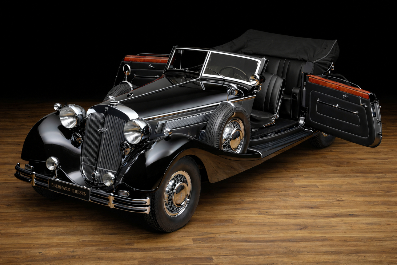 LOST & FOUND – RESTORED & ADMIRED. Eberhard Thiesen has a deep relationship with the Horch 853 model. By his search for classic cars in the countries of the former Soviet Union from 1985 to 1995, he found about 15 Horch 853s and brought them back to Germany. Hence, he set up a specialised workshop for these cars to completely restore a number of 853 examples.
Our new arrival is a 1937 Horch 853 Sport Cabriolet, which was also discovered by Eberhard Thiesen in Russia in the early 1990s. Back in Germany, the car underwent a high-quality, faithful-to-the-original complete restoration. In the following, the 853 has had only a few owners and each change of ownership was arranged by Eberhard Thiesen. Thanks to craftsmanship of the very highest standard, the car remains in virtually mint condition to this day.
Compared to later versions, this first-series model impresses with a number of attractive details: the longer bonnet, the low, fold-out windscreen assembly, the lower roof-line, the beautiful gold-coloured instruments instead of black ones, and the brass-chrome trim, which was later made entirely of aluminium.
#horch #horch853 #horch853sportcabriolet #classicdriver #classiccars #carphotography #classiccartrader #drivetastefully #carpassion