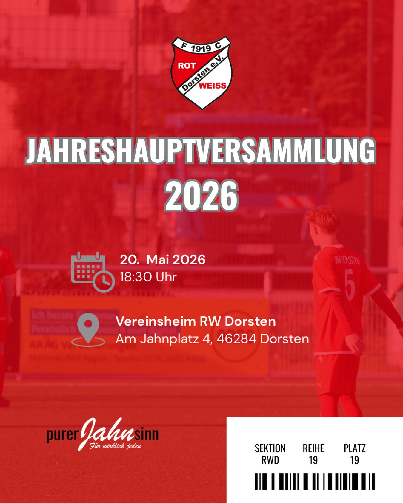 ? Information für unsere Mitglieder
Der Vorstand lädt alle Mitglieder herzlich zur Jahreshauptversammlung 2026 ein.
? Datum: 20. Mai 2026
? Uhrzeit: 18:30 Uhr
? Ort: Vereinsheim (Am Jahnplatz 4, 46282 Dorsten)
Alle Mitglieder haben in dieser Woche bereits über die verschiedenen Kommunikationswege eine Einladung erhalten. Dort findet ihr auch alle Informationen zur Einreichung von Anträgen.
Der Vorstand freut sich über ein zahlreiches Erscheinen! ?
