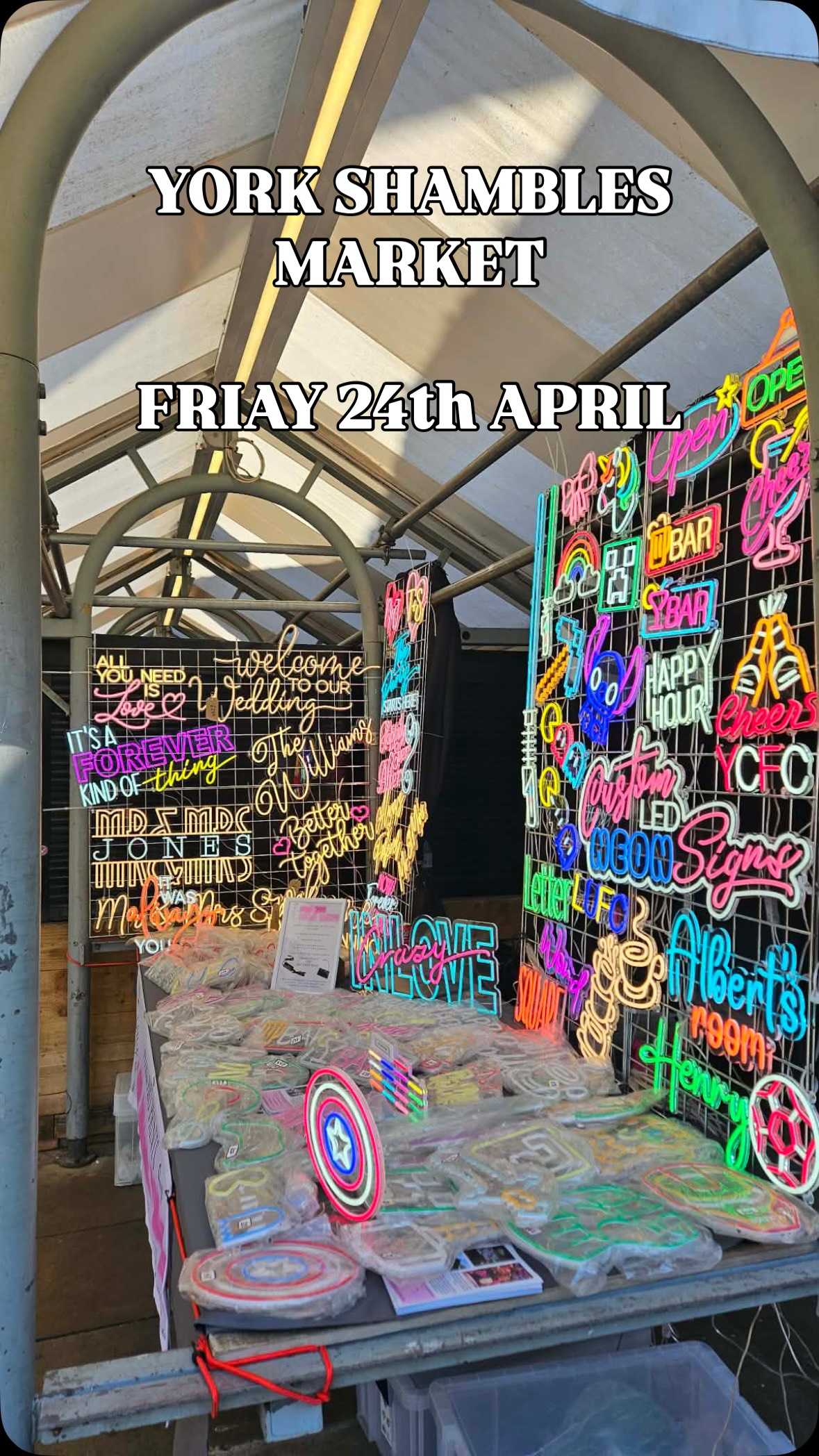 We’re open at York Shambles Market today! Here until 4ish… we plan to be in the same spot next week too… unless our baby decides to come early ? The sun is shining today but that doesn’t stop us being a super bright stall. Who’s in York today? #york #shamblesmarket #yorkshopping #neonsign