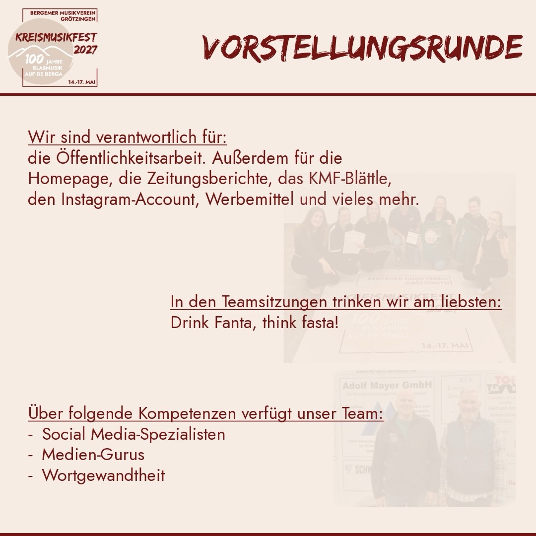 ⬆️⬆️⬆️
Ohne das Team Marketing, Sponsoring und Promotion
wüsste vermutlich kaum jemand, dass das KMF 2027 bei uns stattfindet und das nötige Kleingeld würde uns auch fehlen. ;)
Lasst ein ❤️ für das Team da.