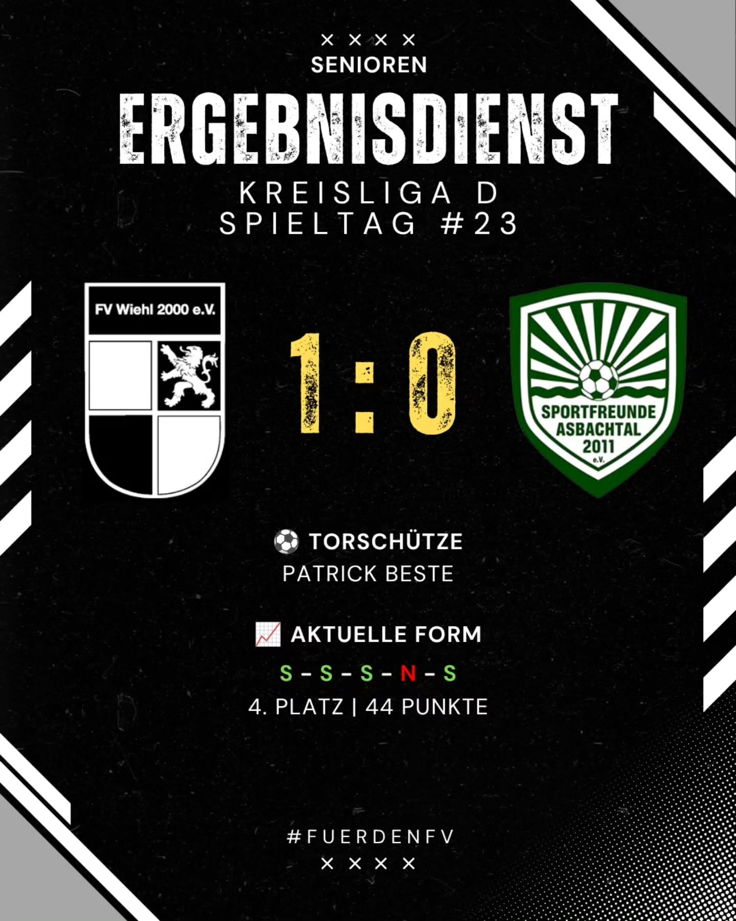 ⚽ Senioren - Ergebnisdienst
Erfolgreicher Abend für unsere Dritte: Im Nachholspiel gegen die SF Asbachtal 2 gibt es auf der Walter-Lück-Sportanlage einen 1:0-Heimerfolg. ?
Weiter geht's, Löwen! ???
#fuerdenfv #mitdemloewenaufderbrust #weilwirdichlieben