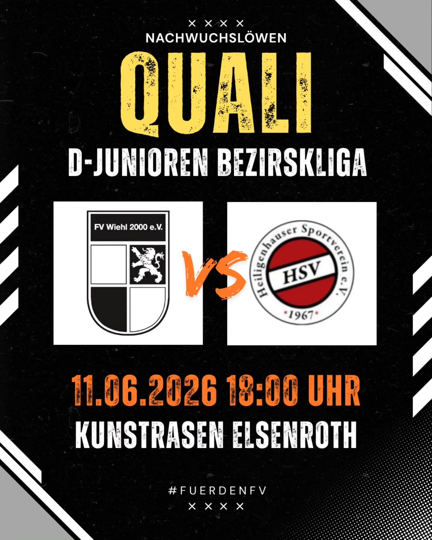 ? Qualifikationsspiele zur D-Junioren Bezirksliga
Für unseren Jahrgang 2014 geht es am heutigen Abend - nachdem der erste Versuch der Partie letzte Woche wg. eines Gewitters abgebrochen wurde - mit dem dritten und letzten Spieltag der Quali-Spiele zur D-Junioren Bezirksliga 2026/2027 weiter. ⚽
In einer Vierergruppe kämpfen unsere Nachwuchslöwen um das Ticket für den Bezirksliga-Aufstieg. ? Nach einem starkem 2:2-Remis an Spieltag 1 gegen den SV Bergisch Gladbach 09 und einem 3:2-Derbyerfolg an Spieltag 2 über die JSG Homburg, trifft man heute auf den Heiligenhauser SV. Gespielt wird auf neutralem Platz in Elsenroth.
Wir drücken die Daumen! ?? Die Mannschaft freut sich auf eure Unterstützung.
#fuerdenfv #mitdemloewenaufderbrust #weilwirdichlieben #nachwuchsloewen