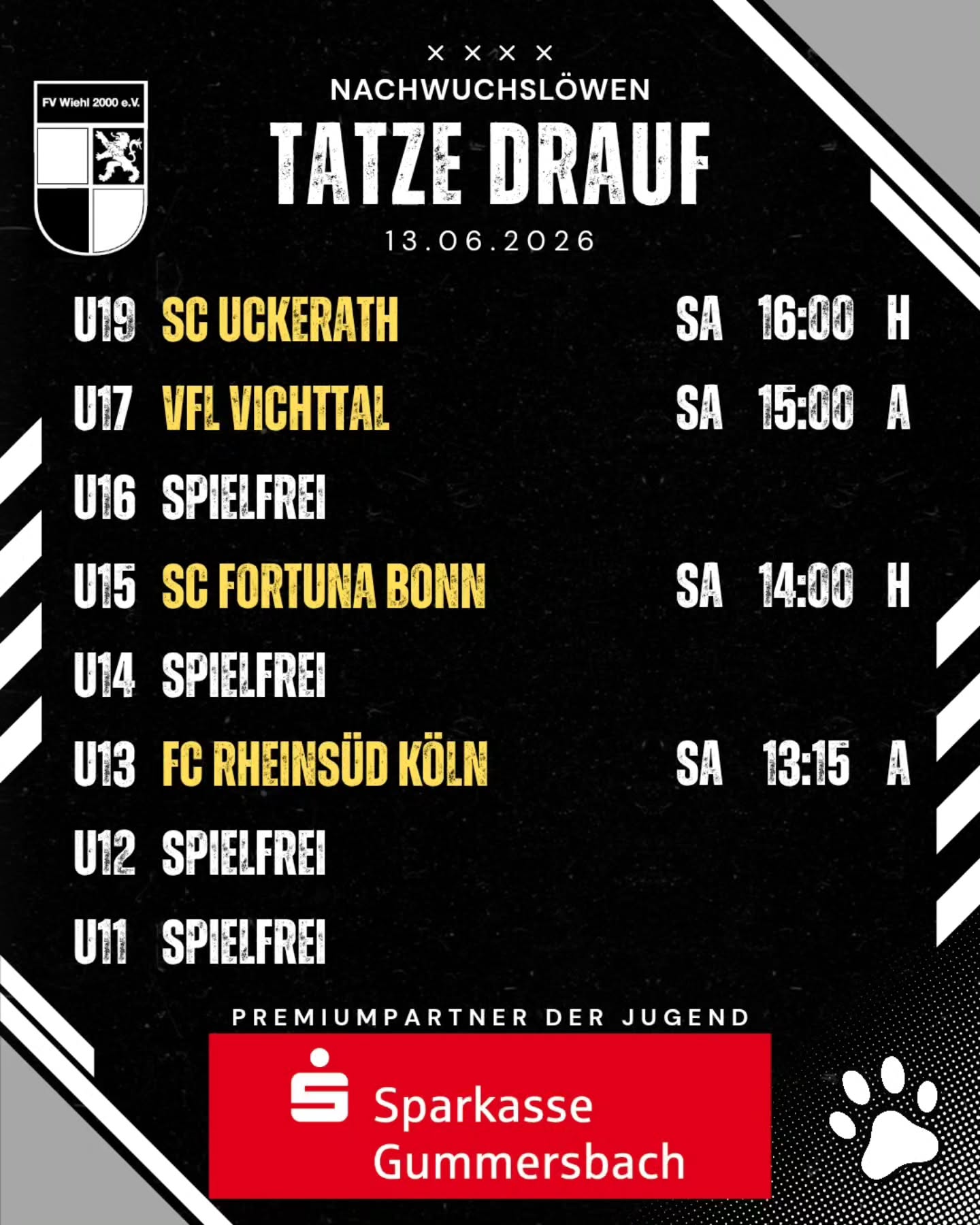 ? An diesem Wochenende kämpfen unsere Nachwuchslöwen wieder um die letzten Punkte in der Meisterschaft ⚽
Heute gibt's bereits einen Überblick zu den anstehenden Paarungen, von denen am Samstag 2️⃣ Spiele auch auf der Walter-Lück-Sportanlage ?️ stattfinden werden.
Unsere Nachwuchslöwen freuen sich auf euren Besuch! ??
#nachwuchsloewen #mitdemloewenaufderbrust #weilwirdichlieben #fuerdenfv