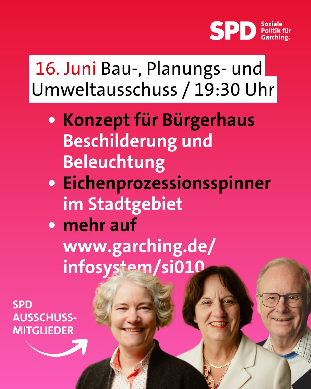 📋 Diese Woche stehen wieder wichtige Themen in den Ausschüssen auf der Agenda:
🏗️ Bau-, Planungs- und Umweltausschuss (16. Juni, 19:30 Uhr)
• Konzept für die Beschilderung und Beleuchtung der Bürgerhäuser
• Umgang mit dem Eichenprozessionsspinner im Stadtgebiet
⚙️ Werkausschuss (18. Juni, 19:00 Uhr)
• Modernisierung der Kläranlage mit neuen Belüfterplatten und verbesserter Messtechnik
• Maßnahmen für ein zweites Blockheizkraftwerk an der Kläranlage
• Kanalanschluss für den Neubau „TUMorrow“
💶 Haupt- und Finanzausschuss (18. Juni, 19:30 Uhr)
• Regelungen zu Glas- und Flaschenverbot sowie mitgeführtem Alkohol beim Festival „Schall im Schilf“
• Antrag des VfR auf einen leistungsfähigeren Stromanschluss
• Aktuelle Entwicklungen im Kulturreferat rund um Tickets, Stadtinfo und Kulturangebote
👉 Die vollständigen Tagesordnungen und weitere Informationen gibt es unter: www.garching.de/infosystem/si010
#Garching #Stadtrat #Kommunalpolitik #Bürgerinformation #spd