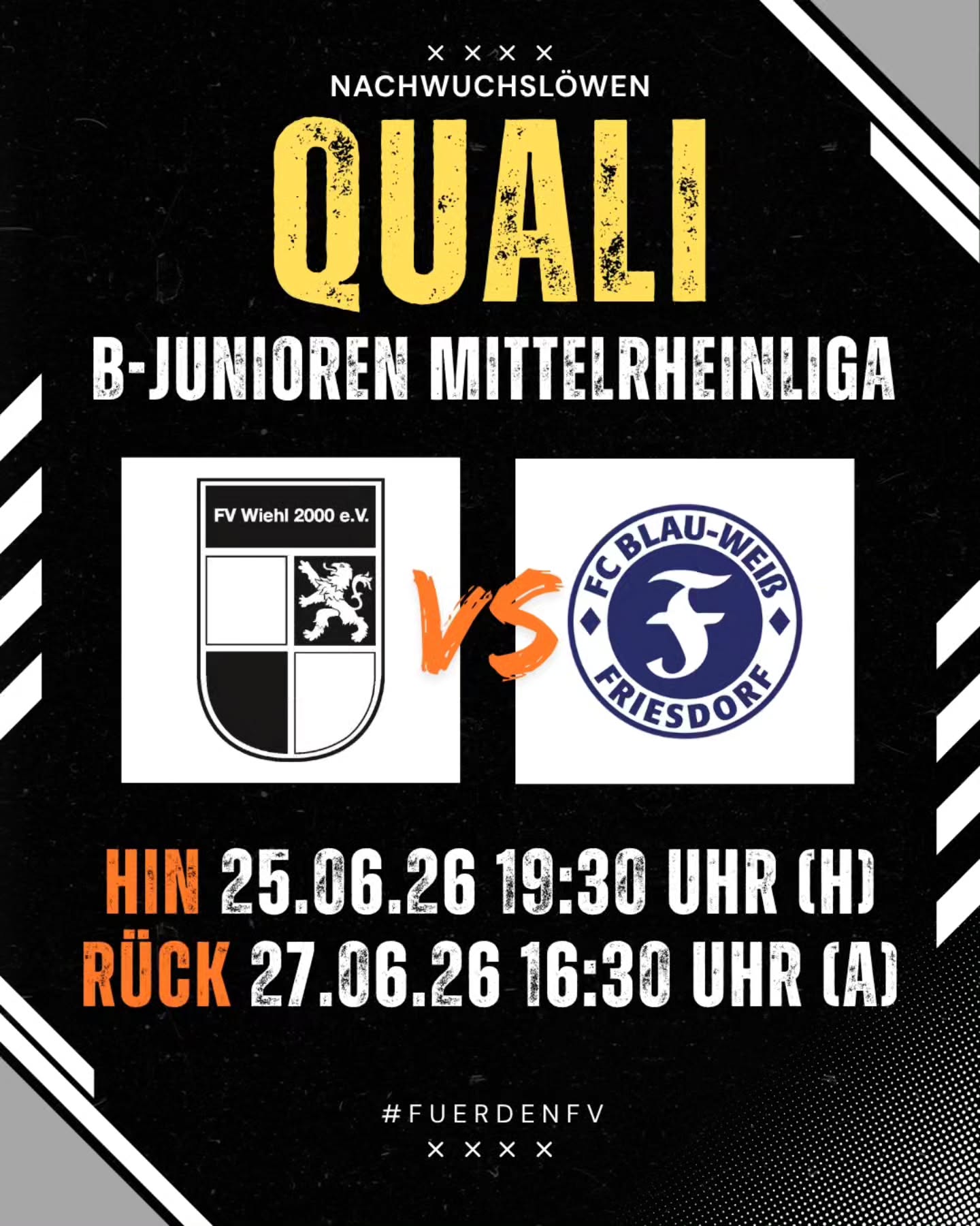 ? Quali-Spiele zur B-Junioren Mittelrheinliga ↗️
In der Sportschule Hennef wurde gerade gelost: In der Quali zur B-Junioren Mittelrheinliga trifft unser Nachwuchs auf den FC BW Friesdorf. ?
Wir freuen uns zwei spannende Duelle und starten nächste Woche Donnerstag mit einem Heimspiel auf der Walter-Lück-Sportanlage. ??
#fuerdenfv #mitdemloewenaufderbrust #weilwirdichlieben #nachwuchsloewen