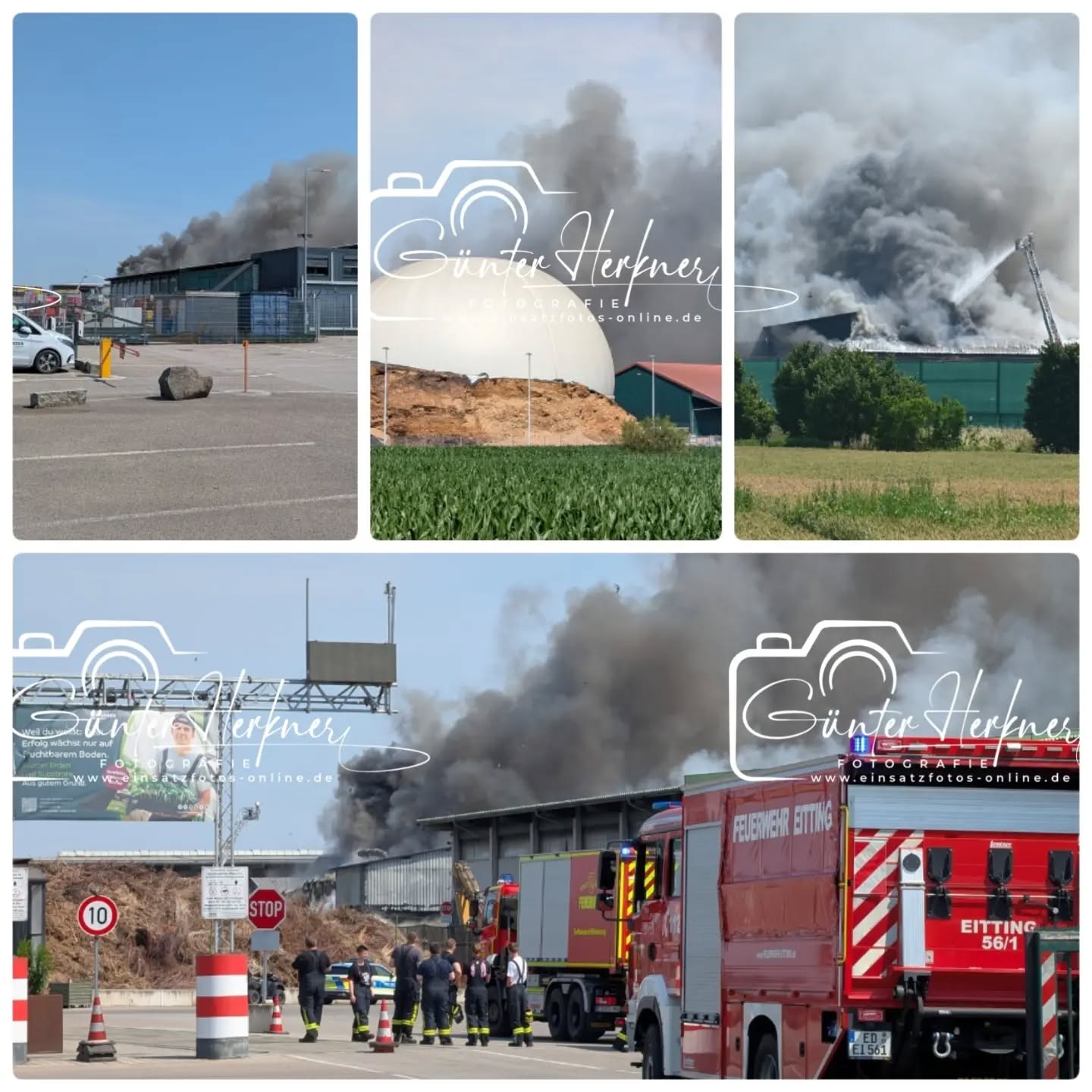Lagerhalle von Recyclingbetrieb Wurzer brennt: Großaufgebot im Einsatz
🗓️Datum: 28.06.2026
⏰Uhrzeit: 10:21 Uhr
🚒🚑 Einsatzart: B 4
📍Einsatzort: Eitting
🚒🚑🚁🚓 Eingesetzte Kräfte:
Eine Lagerhalle ist in Brand geraten. Mehrere Feuerwehren bekämpfen den Brand mit starker Rauchentwicklung seit Stunden. Eine Warnmeldung an die Eittinger Bevölkerung ging raus.
Eitting – Eine Lagerhalle des Recyclingbetriebs Wurzer in Eitting ist am Sonntagvormittag gegen 10.20 Uhr in Brand geraten. Einsatzkräfte mehrerer Feuerwehren sind mit einem Großaufgebot vor Ort und bekämpfen das Feuer. Es kommt derzeit zu starker Rauchentwicklung.
Laut einem Sprecher des Polizeipräsidiums Oberbayern-Nord war am Sonntagvormittag gegen 10.20 Uhr Müll in einer Lagerhalle in Brand geraten, „und im Folgenden wohl auch die Lagerhalle selbst“. Über die Größe der Halle sowie Ausmaß des Schadens könne er noch keine Auskünfte geben. Verletzte habe es durch den Brand nicht gegeben. Aber aufgrund der sehr starken Rauchentwicklung in Richtung Osten „haben wir gerade vor ein paar Minuten auch noch über unsere Social Media Accounts Warnungen für die Bevölkerung in Eitting ausgesteuert“, sagte der Sprecher am Sonntag gegen 14.30 Uhr. „Sicherheit geht einfach vor. Man weiß ja nicht, was da genau in Brand geraten ist.“ Wegen der Brandursache werde noch ermittelt.
Wegen der Brandursache werde noch ermittelt. Dem Vernehmen nach soll eine Halle einsturzgefährdet gewesen sein und das Feuer auf ein weiteres Gebäude übergegriffen haben. Ein Sprecher der Firma Wurzer war am Sonntag nicht erreichbar.
Für die Feuerwehren war der Einsatz angesichts der ohnehin hohen Temperaturen eine ganz besondere Herausforderung. So war zu hören, dass die enorme körperliche Belastung für mehrere Einsatzkräfte zu viel wurde. Sie mussten selbst behandelt werden.
Bei Temperaturen um die 40 Grad kamen die vielen Atemschutzgeräteträger an ihr Limit: Mit rund 25 Kilogramm schweren Pressluftflaschen und in voller Montur gaben sie alles, um das Feuer schnellstmöglich unter Kontrolle zu bringen, sagt Sebastian Brendel, Pressesprecher der Kreisbrandinspektion Freising.
Quelle: Merkur online
📷 Günter Herkner