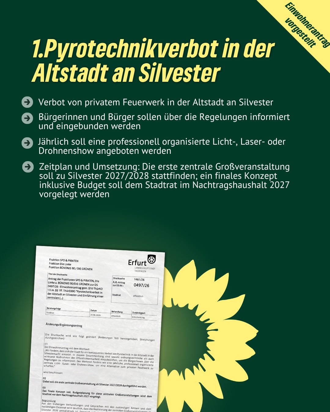 Drei wichtige grüne Erfolge im Erfurter Stadtrat – drei starke Signale für soziale Gerechtigkeit, Teilhabe und eine moderne Stadtpolitik 💚🌻
📍 Pyrotechnikverbot Altstadt
Verbot von privatem Feuerwerk in der Altstadt an Silvester.
Bürger*innen sollen über die Regelungen informiert und eingebunden werden.
Jährlich soll eine professionell organisierte Licht‑, Laser‑ oder Drohnenshow angeboten werden.
Zeitplan: Erste zentrale Großveranstaltung zu Silvester 2027/2028; finales Konzept inkl. Budget im Nachtragshaushalt 2027.
📍 Stellplatzsatzung
Zeitgemäße Stellplatzsatzung: Weniger verpflichtende PKW‑Stellplätze bei Neubauten, besonders in der Innenstadt; stärkere Berücksichtigung von ÖPNV, Radverkehr und modernen Mobilitätskonzepten.
Der ursprüngliche Entwurf des OB war zu schwach – der gemeinsame Änderungsantrag reduziert Stellplatzvorgaben weiter und stärkt die Verkehrswende.
Ablösesummen erhöht: Höhere Zahlungen beim Verzicht auf private Stellplätze zur Finanzierung öffentlicher Alternativen; allerdings nicht so mutig wie in anderen Städten.
📍 Kita‑Bedarfsplanung
Wir streichen alle Bedarfszahlen ab 2027/28, da eine einjährige, rechtlich bindende Bedarfsplanung keine mehrjährigen – und aus unserer Sicht unzuverlässigen – Prognosen enthalten darf.
Schutz der mittelfristigen Planung & Kitamoratorium: Durch den Ausschluss der Folgejahre stellen wir sicher, dass vorläufige Zahlen die Debatte über das Kitamoratorium nicht beeinflussen; zudem wird vermieden, dass rechtliche Grundlagen geschaffen werden, die möglicherweise zur Schließung von Kitas führen könnten.
#erfurt #grüneerfurt #grüneimstadtrat #grüne #bündnisgrüne