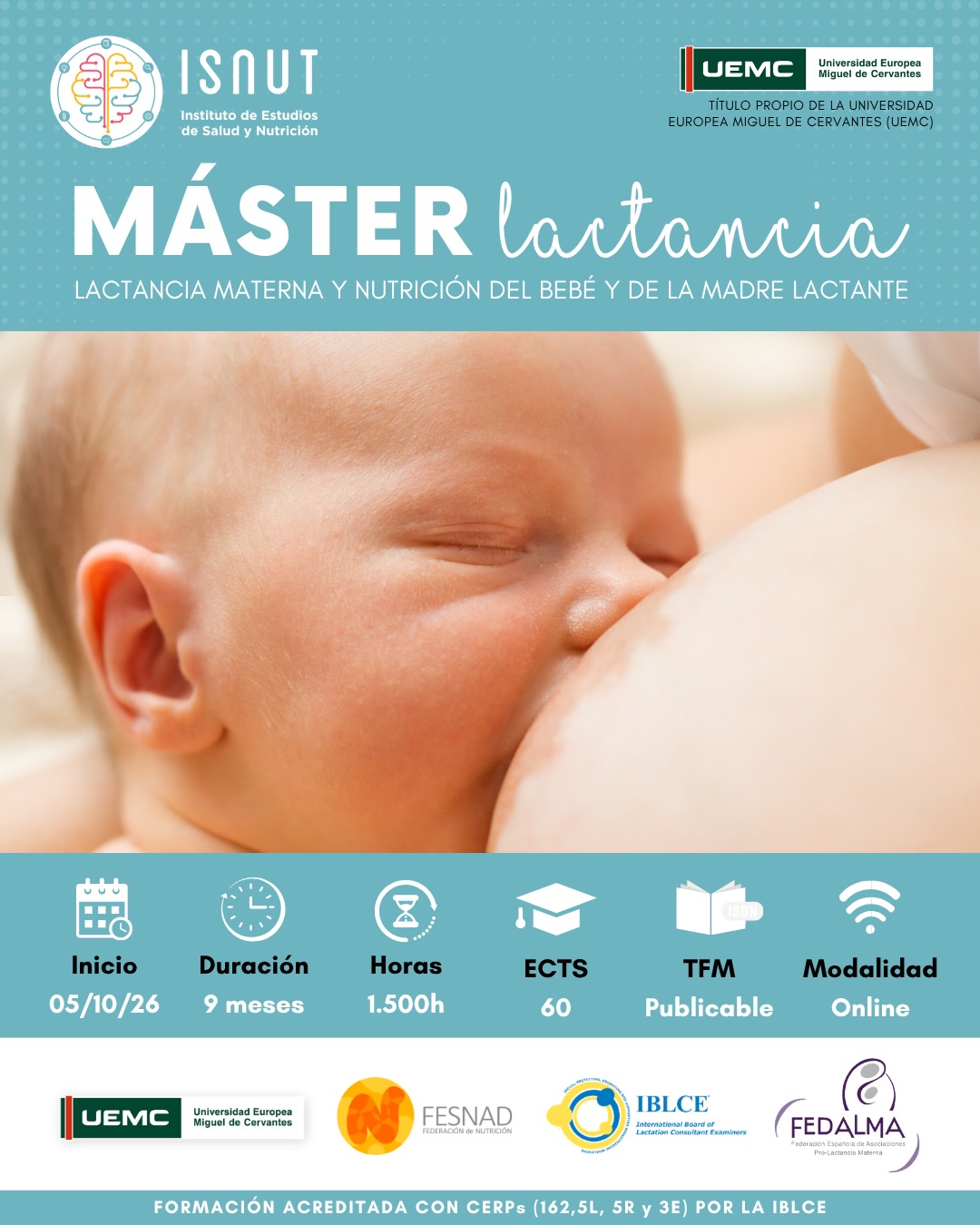✨ ‼️5 AÑOS ESPECIALIZANDO EN LACTANCIA MATERNA‼️✨
?MÁSTER EN LACTANCIA |Título propio de la Universidad Europea Miguel de Cervantes (UEMC)
60 ECTS | 1500 horas | 100% online | Flexible y adaptado a tu vida personal y laboral
Alcanzamos la 5ª edición del máster de referencia en lactancia materna dirigido a profesionales de la salud. Una formación que integra la última evidencia científica con la práctica clínica real, con un programa en continua actualización y diseñado para responder a las situaciones que realmente aparecen en consulta y en la práctica asistencial diaria.
Con diferentes modalidades de prácticas adaptadas a tu realidad asistencial, resolución de casos clínicos, resolución de dudas con el profesorado experto y acompañamiento cercano, para que puedas aprender desde la práctica real y la toma de decisiones clínicas.
✨ Conviértete en un perfil sanitario de referencia en lactancia, acompañada por el equipo docente formado por las mayores expertas en lactancia y salud pediátrica, trasladando cada concepto al terreno práctico desde una mirada rigurosa, humana y realista✨
? Incluye todos los contenidos y certificaciones necesarias para postular al examen y convertirte en Consultora Internacional de Lactancia IBCLC.
? Consulta nuestras promociones activas para profesionales de la salud y antiguas/os alumnas de ISNUT
‼️Te esperamos el 5 de Octubre‼️
⚠️ Las plazas son limitadas y se asignarán por orden de inscripción.
ℹ️ Más información: info@isnut.es, en link de nuestra bio y en www.isnut.es
#isnut #formaciónsanitaria #formacionesquenutren #lactanciamaterna #masterlactancia