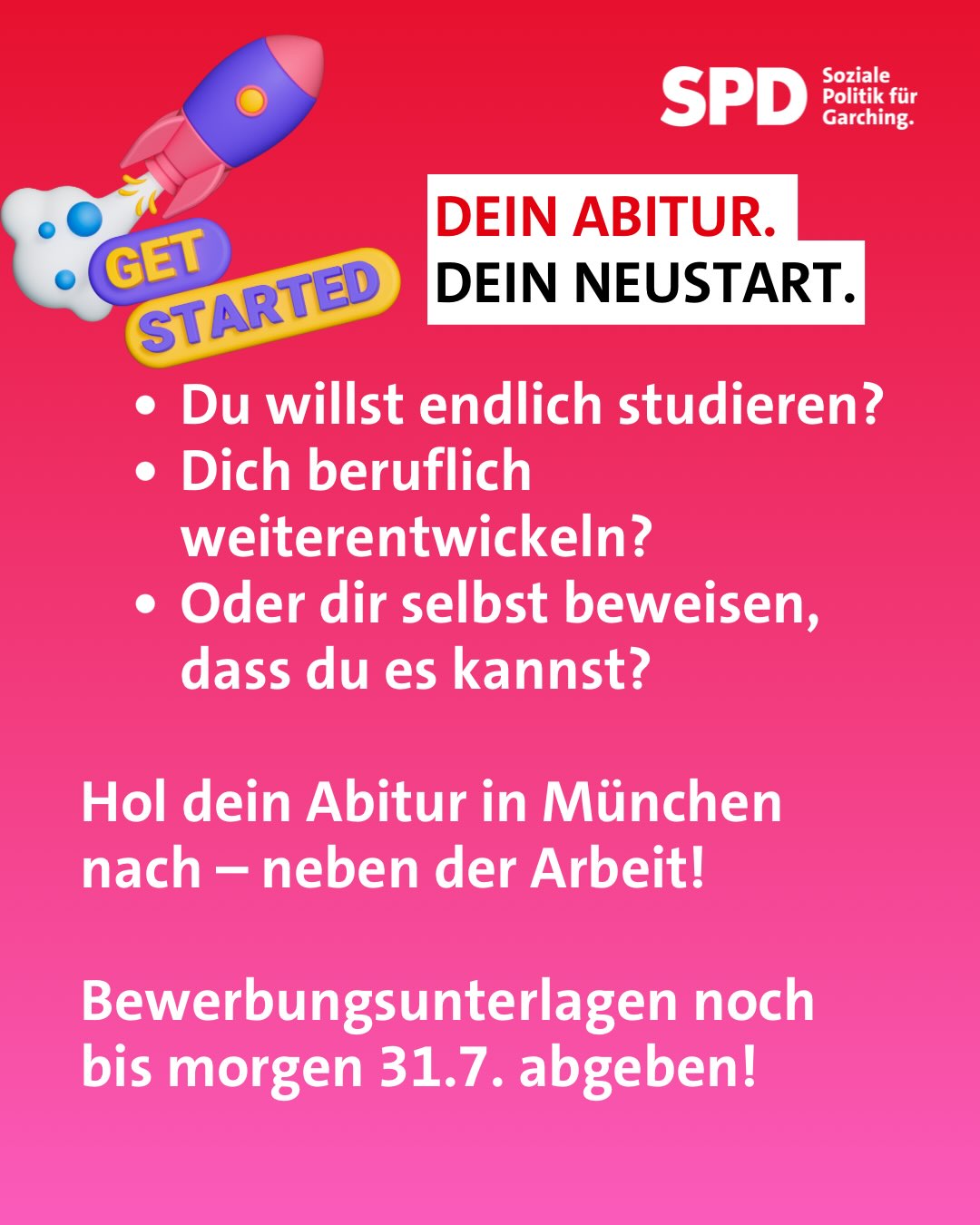 🎓 Du träumst vom Abitur?
🫵🏼 Du arbeitest oder
🫵🏼 Du erziehst Kinder oder
🫵🏼 Du pflegst eine:n Angehörige:n
✍️du willst abends lernen 📚 und dein Abitur machen?
👉 Dann bewirb dich bis morgen am städtischen #abend #gymnasium @muenchen
🎁 kostenlos
⌛️Du hast 2, 3 oder 4Jahre Zeit
🧸 mit kostenloser Kinderbetreuung, damit du in den Unterricht gehen kannst
https://agfb.m-bildung.de/aktuelles