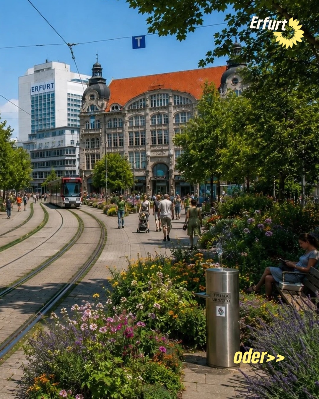 So könnte der Anger aussehen…oder der Domplatz…🌳🌿
Wie wollen wir Erfurt vor Hitze schützen?
Was haltet ihr von mehr Begrünung?
Wo braucht es mehr Bäume, Schatten, Pflanzen und Trinkmöglichkeiten?
Was wäre euch dabei besonders wichtig?
Passt bei der Hitze auf euch auf. Hitzeschutz ist Gesundheitsschutz.
#erfurt #grüneerfurt #hitzeschutz #grünwirkt #menschenschutz