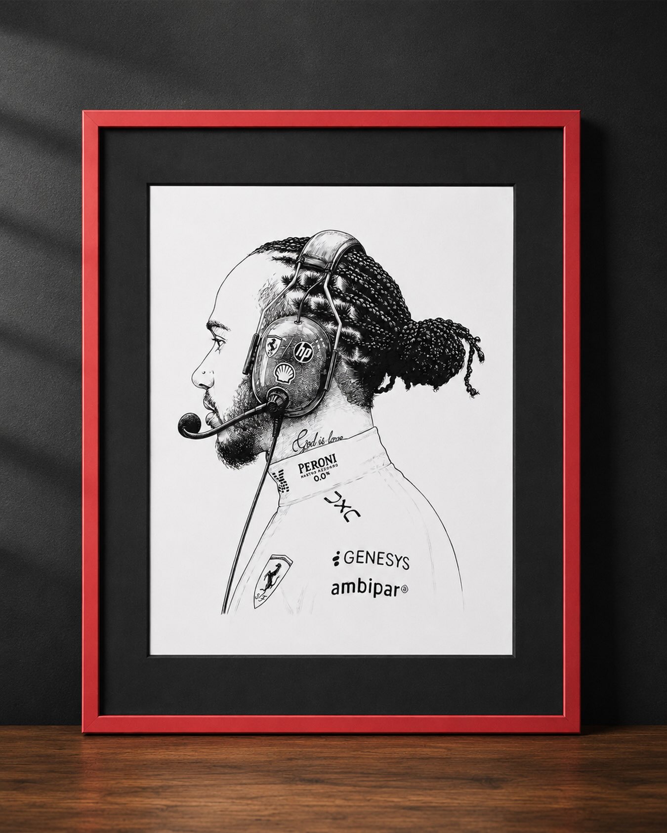 Designed with the proportions of a Topps trading card — scaled to a 3× format. Set in black matting and a red frame.
26.7 x 19.2 cm on A4 Hahnemühle Bristol paper.
#LewisHamilton #Hamilton #LH44 #F1 #CardCulture #Topps #ToppsCards #F1Art #MotorsportArt #Scuderia #ScuderiaFerrari #PenAndInk #PortraitDrawing #Hahnemühle #Topenga #TopengaArt