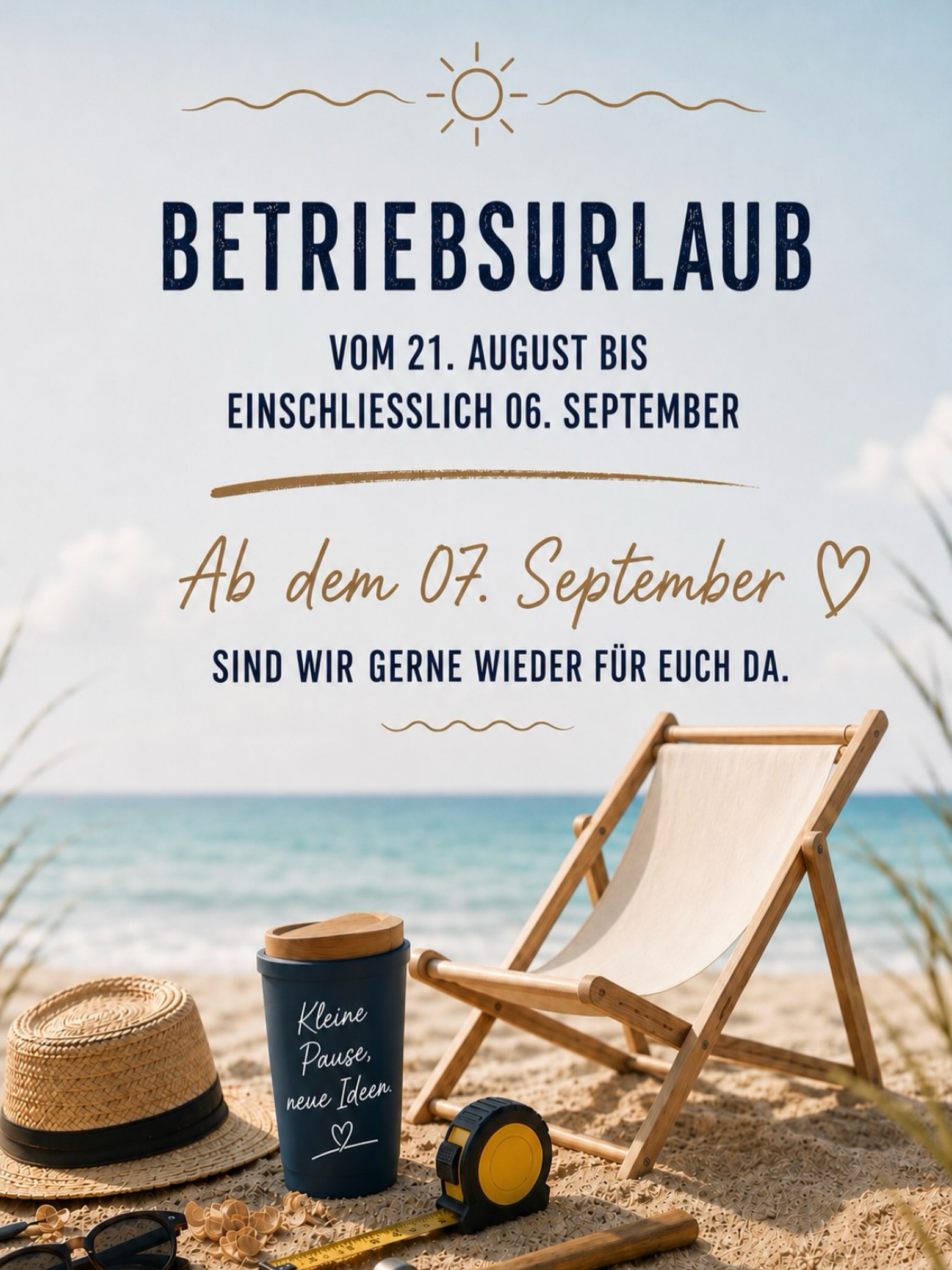 ☀️ Kleine Pause, neue Ideen. ?️?
Wir machen Betriebsurlaub vom 21. August bis einschließlich 06. September.
Ab 07. September sind wir gerne wieder für euch da.
#schreinereihäckl #schreinerhandwerk #möbelnachmaß #innenausbau #akkuladen??♀️
