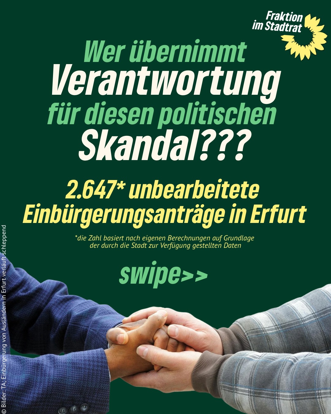 Wer übernimmt Verantwortung für diesen politischen Skandal?🤔
Der Oberbürgermeister Andreas Horn hat die Stellenausschreibung für das Standesamt zurückgezogen, während die CDU und SPD die Bereitstellung von Haushaltsmitteln ❌ abgelehnt haben. Alternativen, wie eine vorübergehende Personalumsetzung, bleiben ungenutzt.
Die Hauptleidtragenden sind die Migrant*innen sowie die Mitarbeitenden des Standesamtes.
Der Oberbürgermeister muss in seiner Verwaltung personelle Konsequenzen ziehen, wenn in den Dezernaten niemand bereit ist eine Lösung für die
unerträgliche Situation zu finden‼️
#erfurt #grüneerfurt #grüneimstadtrat #einbürgerung #einbürgerrungsstau