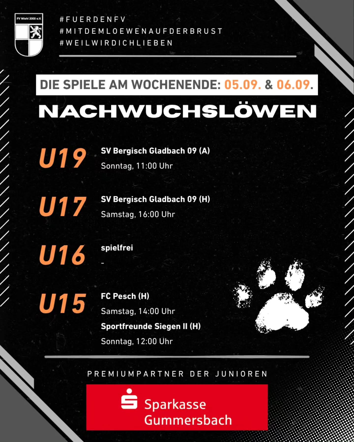 ? Unsere Nachwuchslöwen sind wieder im Einsatz! ⚽
An diesem Wochenende stehen für unsere Jugendmannschaften die nächsten Spiele und Turniere auf dem Programm. ? Gleich mehrere Teams dürfen dabei auch vor heimischer Kulisse auf der Walter-Lück-Sportanlage ran. ?️??
Wir wünschen allen Nachwuchslöwen viel Erfolg und freuen uns auf eure Unterstützung! ???
#nachwuchsloewen #mitdemloewenaufderbrust #weilwirdichlieben #fuerdenfv