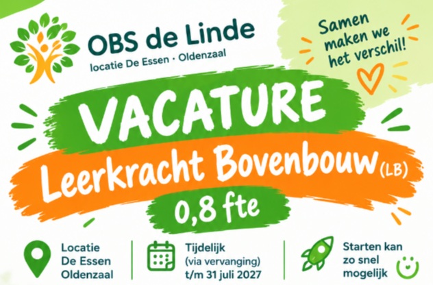 Wij zoeken een leerkracht bovenbouw!🌳
Voor onze locatie De Essen in Oldenzaal, 0,8 fte: twee dagen groep 7, één dag groep 8 en één dag wisselend in groep 7 of 8. 🍀
Reageren kan t/m vrijdag 11 september 😊
Kijk voor meer informatie op www.obs-delinde.nl