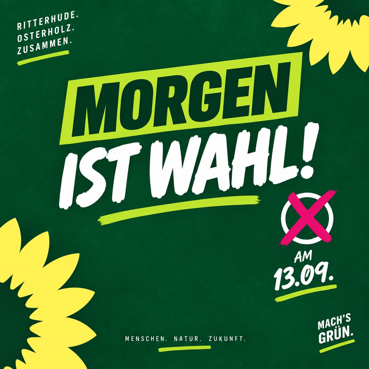 Morgen ist Wahltag! 🌻💚
Wir sind ein Team. Wir haben viele unterschiedliche Perspektiven, aber ein gemeinsames Ziel: einen lebens- und liebenswerten Landkreis Osterholz, in dem wir gerne miteinander leben.
Für Klima- und Naturschutz, gute Bildung, soziale Gerechtigkeit, Mobilität für alle, Gesundheit und Pflege, Kultur und Ehrenamt, Tierschutz, Barrierefreiheit und starke Kommunen.
Morgen zählt eure Stimme. Macht’s grün! 💚🌻