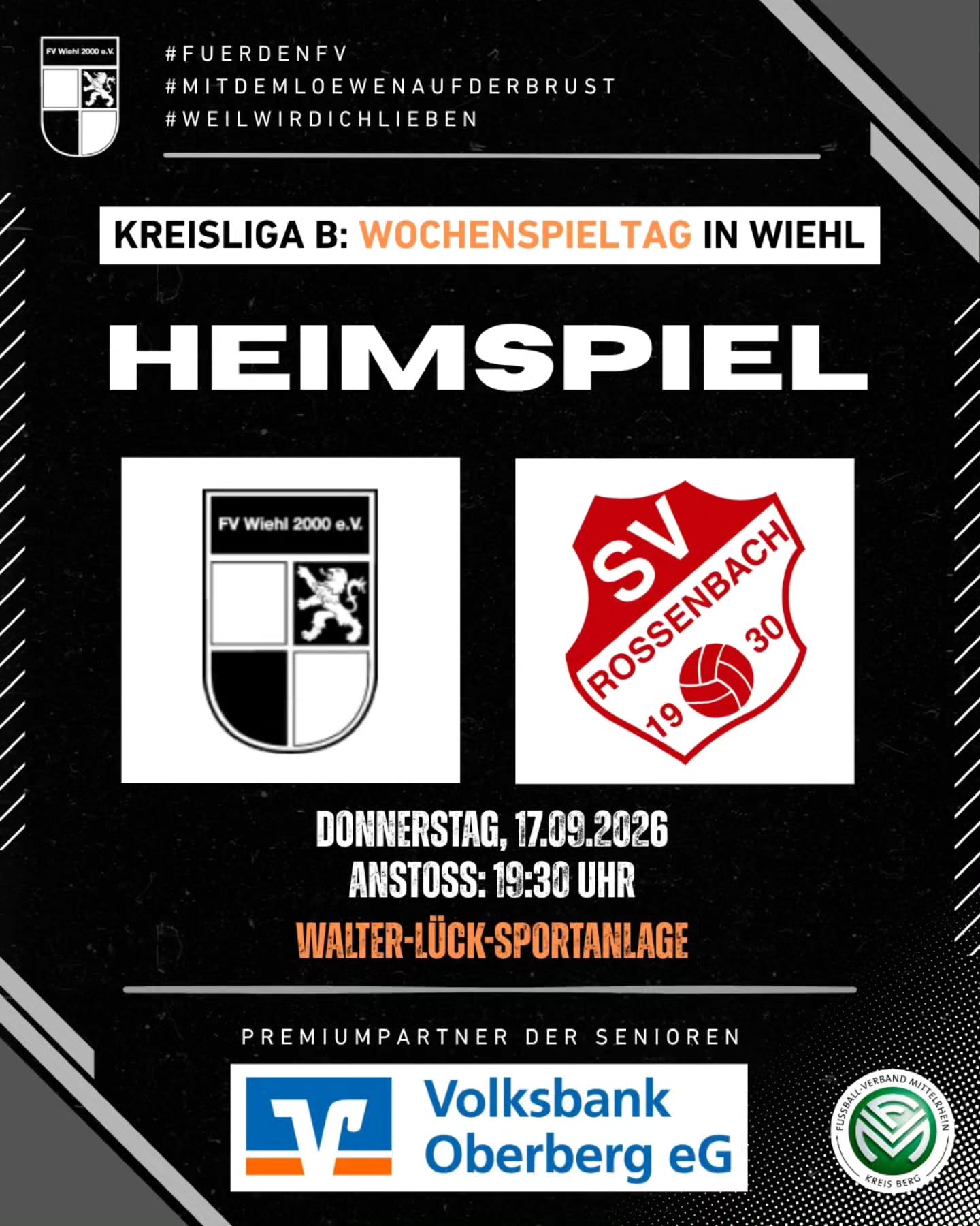 ⚽ WOCHENSPIELTAG FÜR UNSERE ZWEITE! ??
Heute Abend ist unsere 2. Mannschaft in der Kreisliga B gefordert. ? Auf der heimischen Walter-Lück-Sportanlage empfangen unsere Jungs den SV Rossenbach. ?⚽
⏰ Anstoß ist um 19:30 Uhr.
Kommt vorbei und unterstützt unsere Zweite im Kampf um die ersten Punkte der Saison! ???? Auf geht’s, Löwen! ?
#fuerdenfv #mitdemloewenaufderbrust #weilwirdichlieben