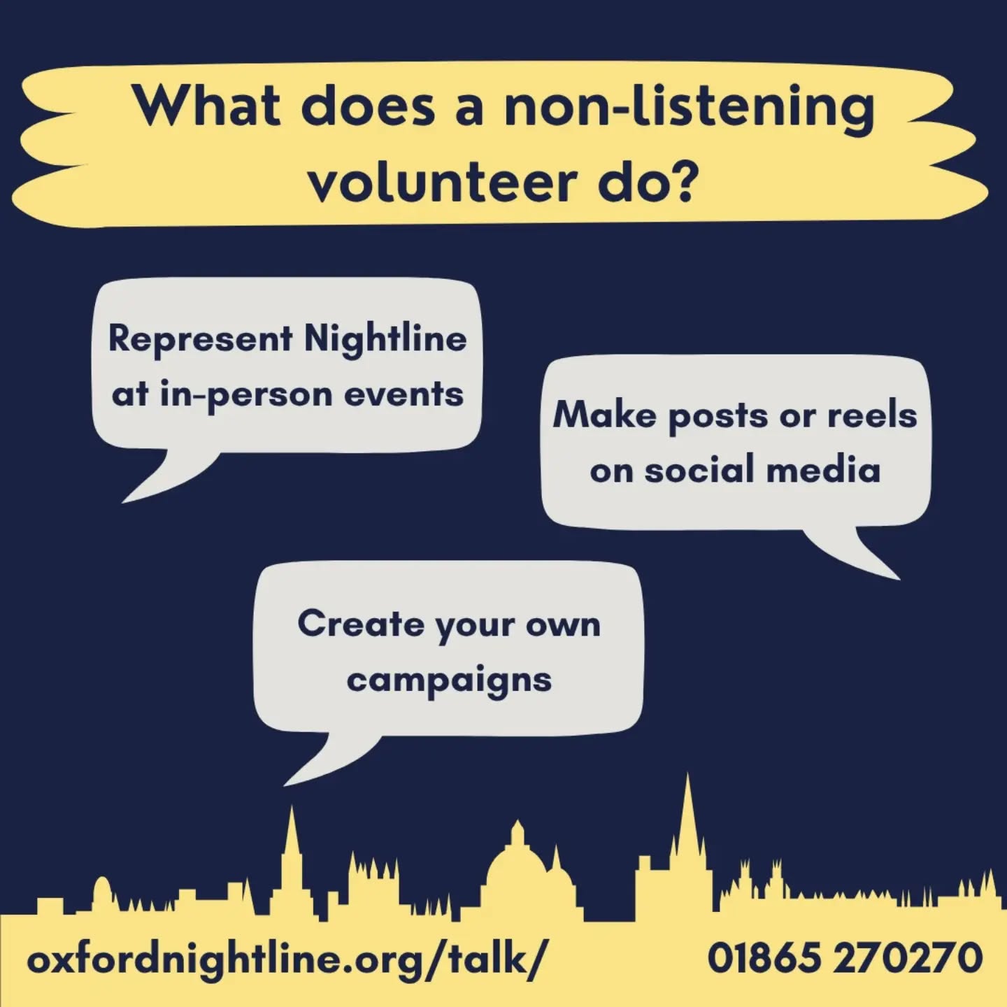 We're looking for new non-listening to be part of our Publicity and Fundraising team! If you are passionate about making sure every student in Oxford knows that they are never alone, consider becoming a non-listening volunteer for Nightline!
Sign up by filling out our application form: https://forms.gle/Lv3kFRPhkaNxFMDe7 (link also in bio)
You'll be asked to attend an informal interview in late October and an induction in early November. And don't hesitate to email us at publicity@oxfordnightline.org if you have any questions!
Oxford Nightline is a non-judgemental listening service for Oxford Brookes and Oxford University students. Come make a difference with us!
#oxfordnightline
#oxfordbrookes
#oxforduni
#oxford