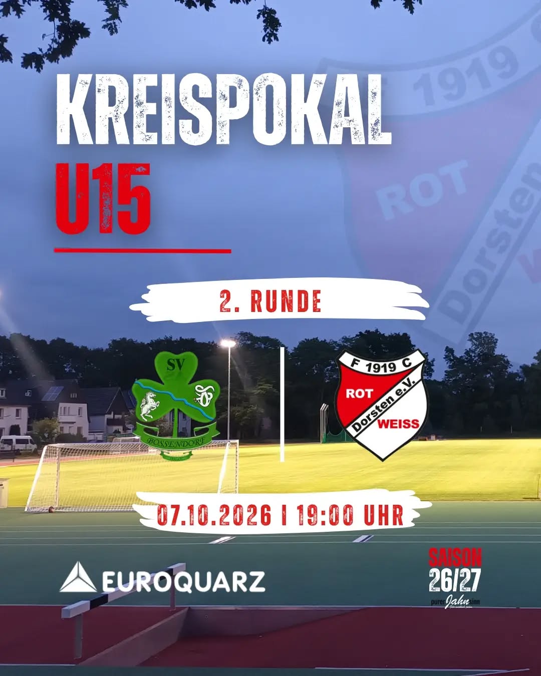 2. RUNDE IM KREISPOKAL
Unsere U15 steht vor dem nächsten Pokal-Highlight. Nach zwei intensiven Spielen am vergangenen Wochenende geht es morgen bereits weiter – und diesmal unter Flutlicht! ??
? 2. Runde im Kreispokal der C-Junioren
⚽ SV Bossendorf ? FC Rot-Weiß Dorsten
Die Gastgeber aus Haltern haben sich mit einem 6:1-Sieg gegen die DJK SpVgg. Herten für die 2. Runde qualifiziert. Auch in der Liga läuft es für den SV Bossendorf: Mit drei Siegen aus drei Spielen stehen die Halterner aktuell an der Spitze der Kreisliga C.
Doch auch unsere Jungs reisen mit breiter Brust nach Bossendorf! ?
Unsere U15 ist in der Liga weiterhin ungeschlagen und belegt aktuell den 2. Tabellenplatz in der Kreisliga B. In der 1. Pokalrunde gab es vor zwei Wochen einen überzeugenden 0:7-Auswärtssieg beim FC Marbeck.
Jetzt wartet die nächste Aufgabe.
?⚪️ 90 Minuten Vollgas. Kampf. Leidenschaft. ?⚪️
Es geht um den Einzug in die 3. Runde des Kreispokals, und dafür brauchen unsere Jungs auch neben dem Platz jede Unterstützung. ???
? Mittwoch, 07.10.2026
⏰ Anstoß: 19:00 Uhr
? Sportanlage Haltern-Bossendorf
Marler Straße 56, 45721 Haltern am See
Kommt mit nach Bossendorf, macht ordentlich Lärm und treibt unsere U15 von der ersten bis zur letzten Minute nach vorne! ??
Gemeinsam purer Jahnsinn!!
Wir zählen auf euch! ?⚪️