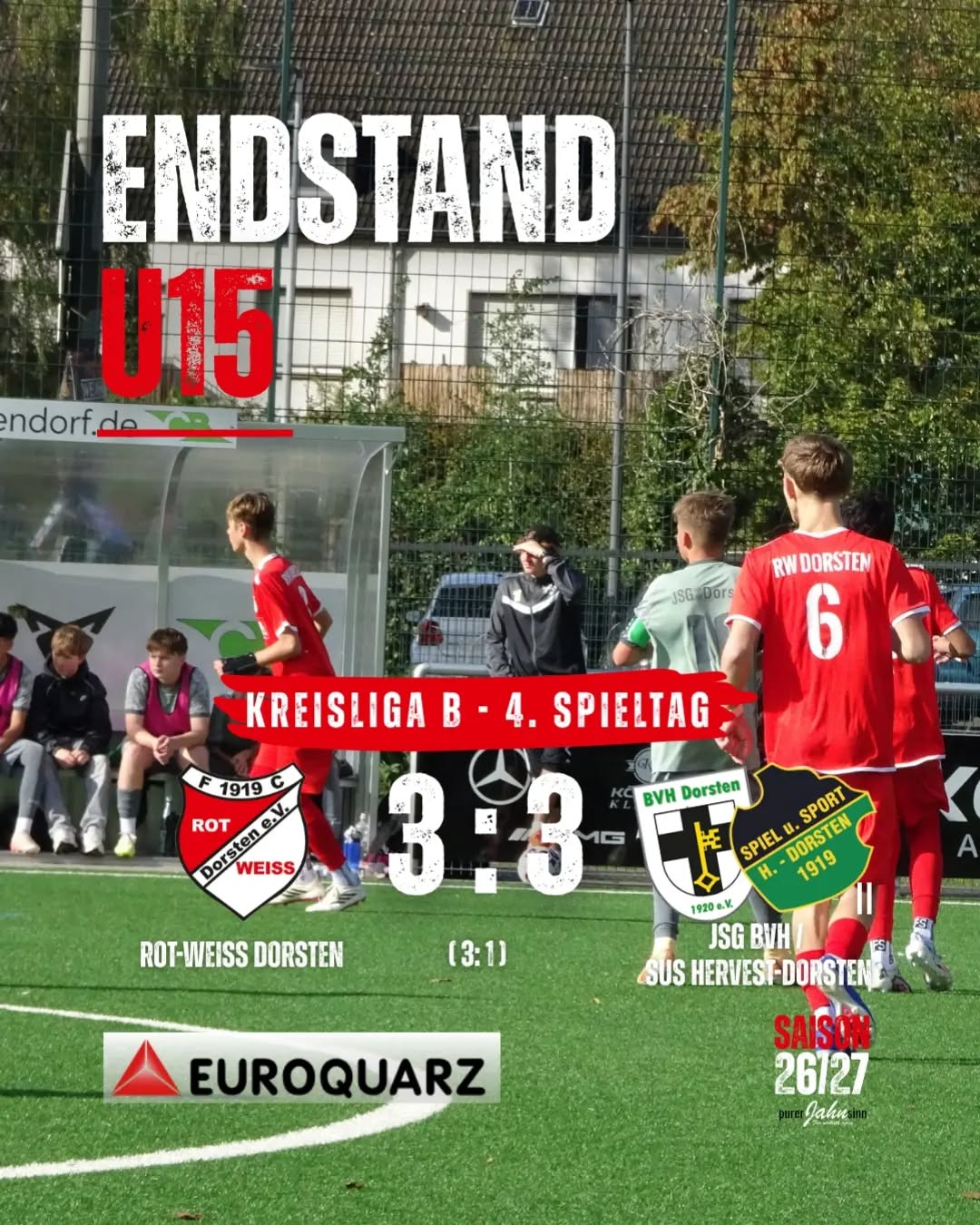 ?⚪️ U15 ZU HAUSE NUR UNENTSCHIEDEN! ?⚪️
Unsere C-Jugend bleibt in Pflichtspielen weiterhin ungeschlagen, muss sich zu Hause gegen die JSG BVH / SuS Hervest-Dorsten II aber mit einem 3:3 zufriedengeben.
Von Beginn an übernahm unsere Elf die Initiative und belohnte sich bereits in der 6. Minute mit einem schönen Fernschuss zum 1:0. ⚽️ Auch danach hatten wir das Spiel im Griff und legten in der 15. Minute mit einem weiteren Treffer aus der zweiten Reihe zum 2:0 nach. ⚽️
Nach dem Anschlusstreffer der Gäste stellten wir in der 32. Minute den alten Abstand wieder her und gingen mit einer verdienten 3:1-Führung in die Pause. ⚽️
In der zweiten Halbzeit fehlte uns jedoch erneut die letzte Konsequenz. Ein sehenswerter Freistoß brachte die JSG in der 40. Minute zurück ins Spiel, ehe wir wenige Minuten vor Schluss – wie schon im Pokal unter der Woche – noch den Ausgleich hinnehmen mussten. Trotz einer Schlussoffensive blieb es beim 3:3.
Über weite Strecken waren wir die spielbestimmende Mannschaft und hatten genügend Möglichkeiten, die Partie frühzeitig zu entscheiden.
Jetzt heißt es, den Blick nach vorne zu richten, denn in der kommenden Woche wartet bereits das Achtelfinale im Kreispokal gegen die Spvgg. Erkenschwick! ???
